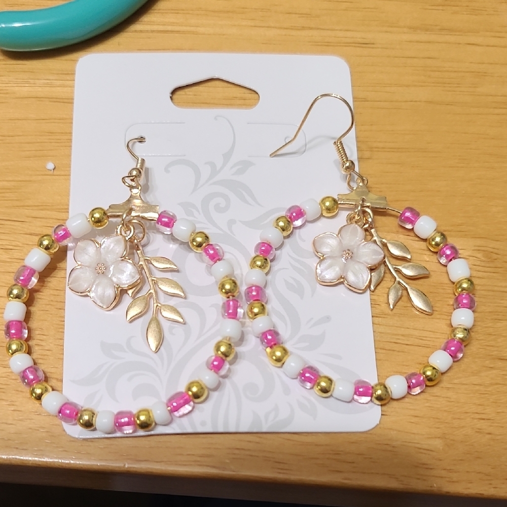3/$10 Gold and Pink Floral Beaded Hoop Earrings
